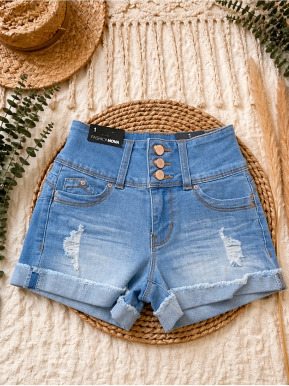 Fashion Nova Light Blue High-Waist Distressed Denim Shorts
